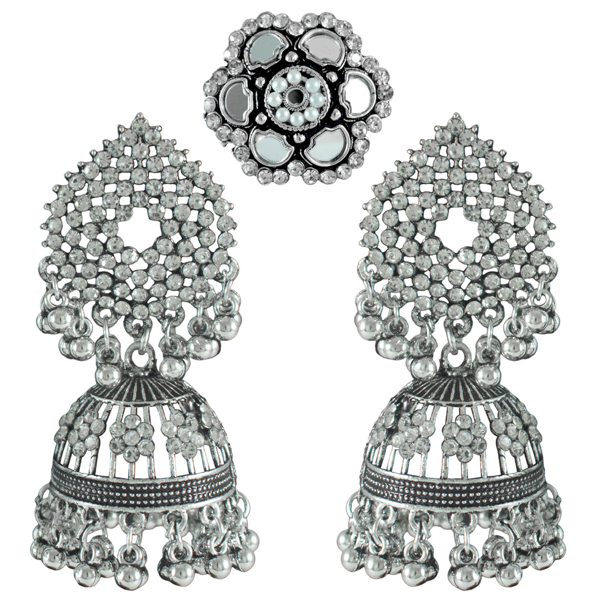 JFL - Jewellery for Less Combo of Oxidised Stone-Studded Ethnic Jewelry Set for Women & Girls | Jhumka Earrings, Mirror Work Maang Tikka & Floral Finger Ring(Navratri Special)