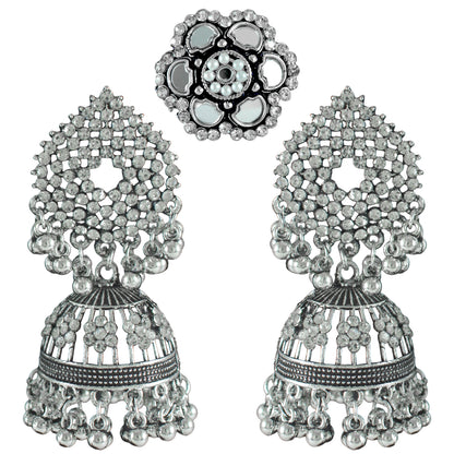 JFL - Jewellery for Less Combo of Oxidised Stone-Studded Ethnic Jewelry Set for Women & Girls | Jhumka Earrings, Mirror Work Maang Tikka & Floral Finger Ring(Navratri Special)