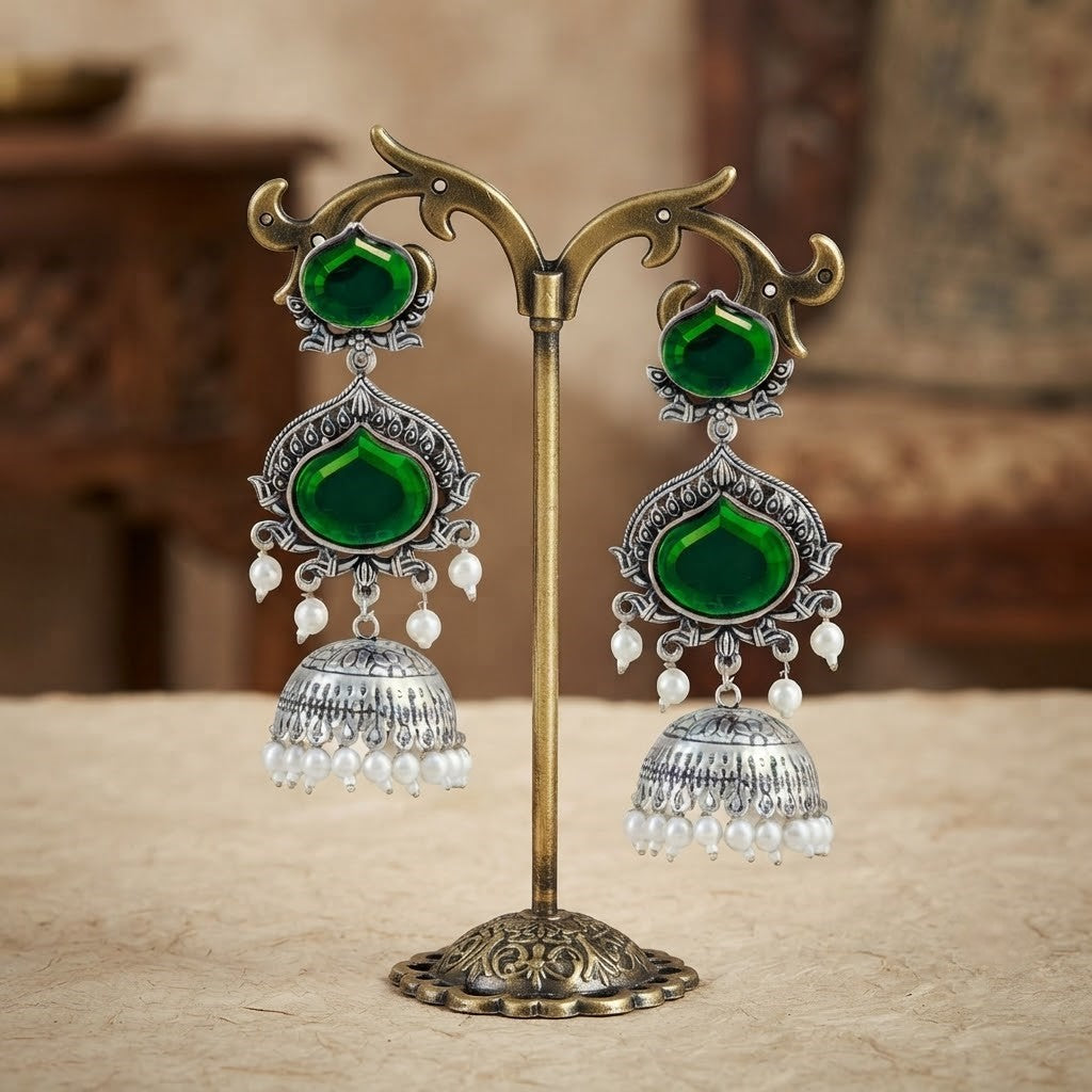 JFL - Jewellery for Less Oxidized Silver-Toned Jhumka Earrings with Green Stone and Pearl Drops – Traditional Ethnic Jewellery for Women