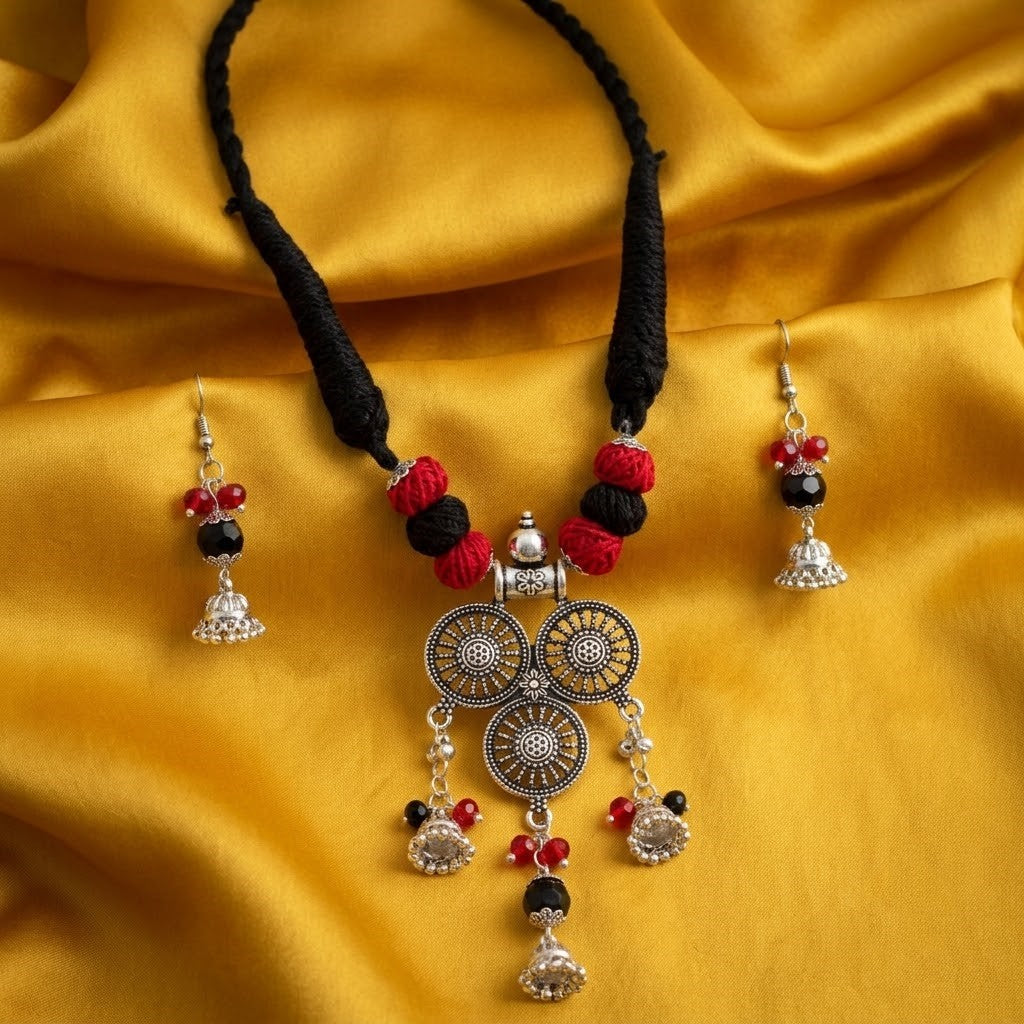 JFL - Jewellery for Less Oxidized Silver Afghani Necklace Set with Red & Black Thread Beads – Tribal Boho Jhumka Earrings – Navratri Traditional Jewellery for Women & Girls