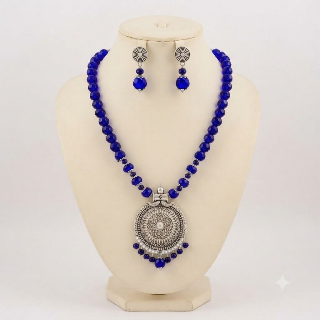 JFL - Jewellery for Less Oxidized German Silver Round Pendant Royal Blue Beads Necklace with Earrings Set for Women | Antique Silver Filigree Design Jewellery Set | Navratri Special Traditional Jewellery