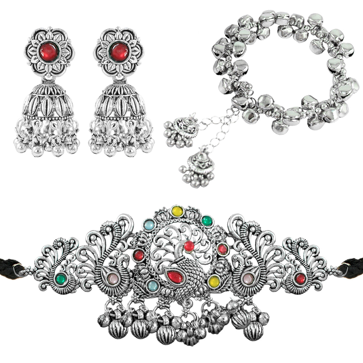 JFL - Jewellery for Less Ethnic Oxidised Silver Plated Multicolor Stone Peacock Design Choker Necklac Set with Ghungroo Bracelet for Women & Girls (Navratri Special)