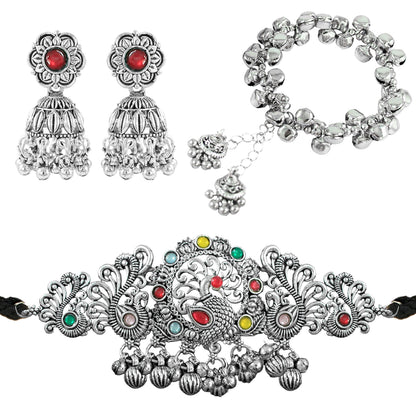 JFL - Jewellery for Less Ethnic Oxidised Silver Plated Multicolor Stone Peacock Design Choker Necklac Set with Ghungroo Bracelet for Women & Girls (Navratri Special)