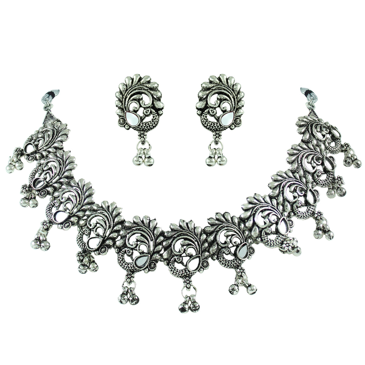 JFL - Jewellery for Less Oxidised Choker Necklace Earrings Bracelet Set with Floral & Paisley Motifs & Bead Accents – Traditional Jewellery for Women & Girls – Navratri, Garba, Wedding & Party Use