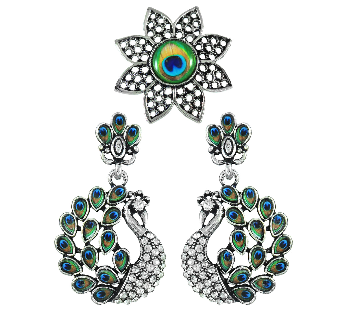 JFL - Jewellery for Less Oxidised Peacock Design Earrings & Finger Ring Combo for Women & Girls – Blue-Green Accents & Stone Detailing for Navratri.