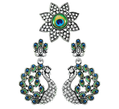 JFL - Jewellery for Less Oxidised Peacock Design Earrings & Finger Ring Combo for Women & Girls – Blue-Green Accents & Stone Detailing for Navratri.