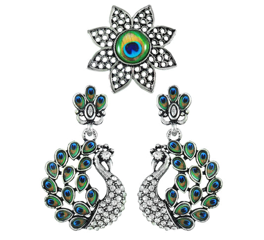 JFL - Jewellery for Less Oxidised Peacock Design Earrings & Finger Ring Combo for Women & Girls – Blue-Green Accents & Stone Detailing for Navratri.
