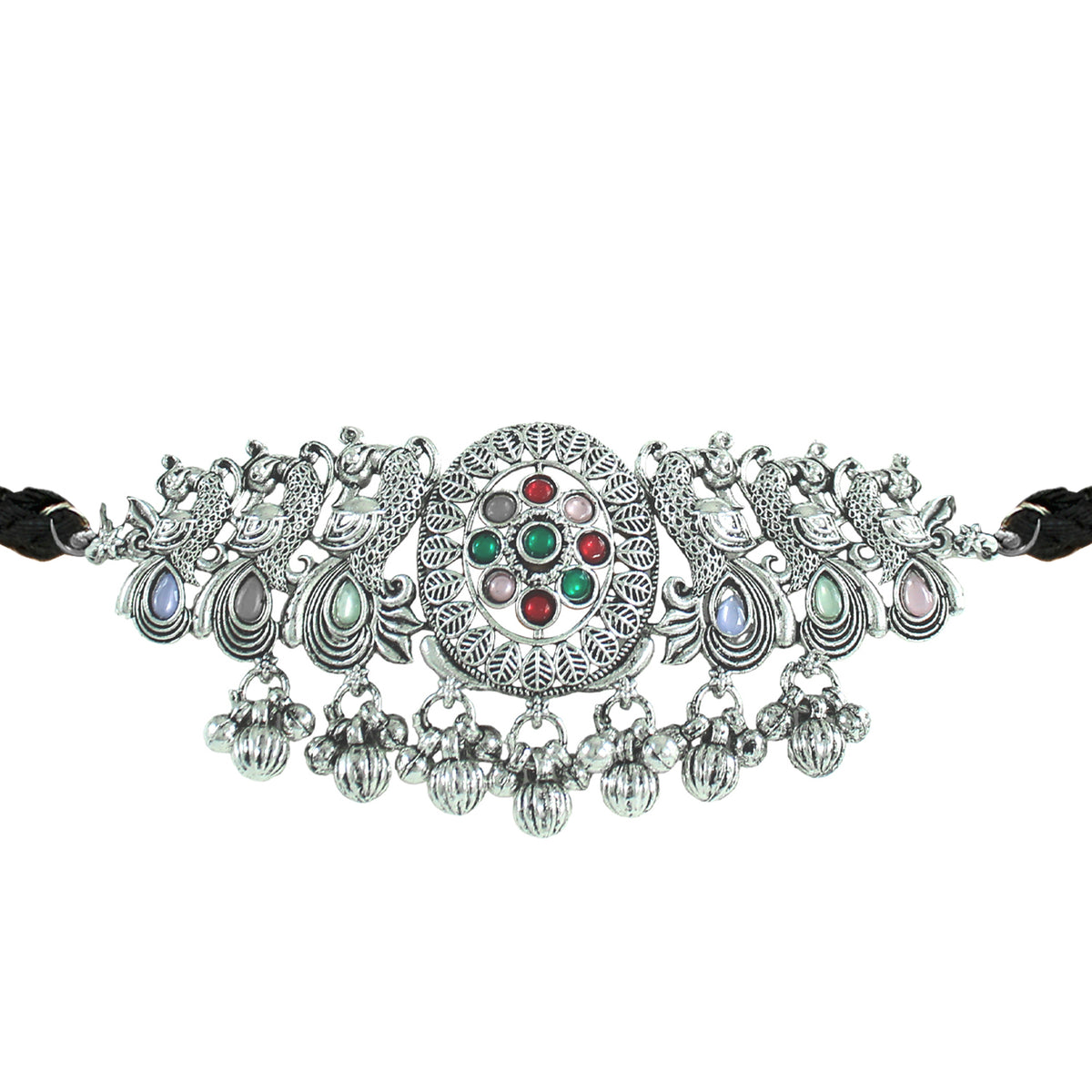 JFL - Jewellery for Less Ethnic Combo of Oxidised Silver Plated Peacock Design Choker Necklac Set with Multicolor Beaded Bracelet for Women & Girls (Navratri Special)