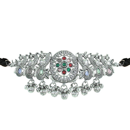 JFL - Jewellery for Less Ethnic Combo of Oxidised Silver Plated Peacock Design Choker Necklac Set with Multicolor Beaded Bracelet for Women & Girls (Navratri Special)