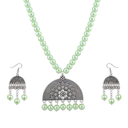 JFL - Jewellery for Less Oxidised German Silver Necklace Set and Half-Circle Earrings with Bracelet – Traditional Festive Jewellery for Navratri, Garba & Dandiya | Mint Green Pearl Ethnic Necklace for Women