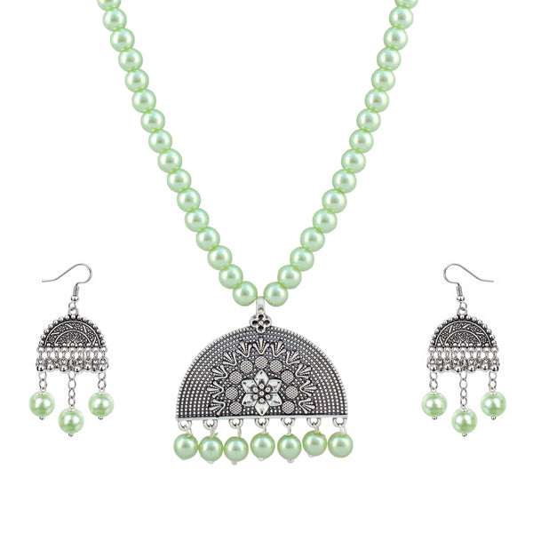 JFL - Jewellery for Less Oxidised German Silver Necklace Set and Half-Circle Earrings with Bracelet – Traditional Festive Jewellery for Navratri, Garba & Dandiya | Mint Green Pearl Ethnic Necklace for Women