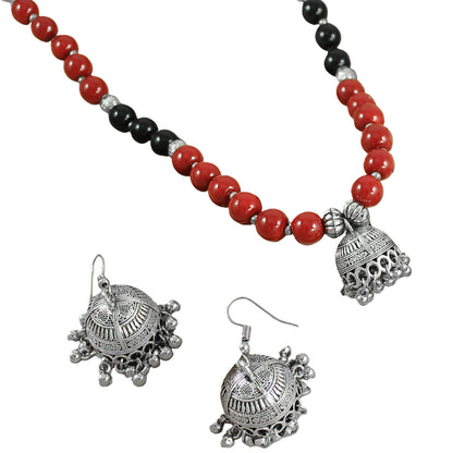 JFL – Jewellery for Less Maroon & Black Beaded Necklace with Oxidised Silver Floral Jhumka Pendant, Matching Jhumka Earrings – Traditional Jewellery for Women & Girls – Navratri, Garba