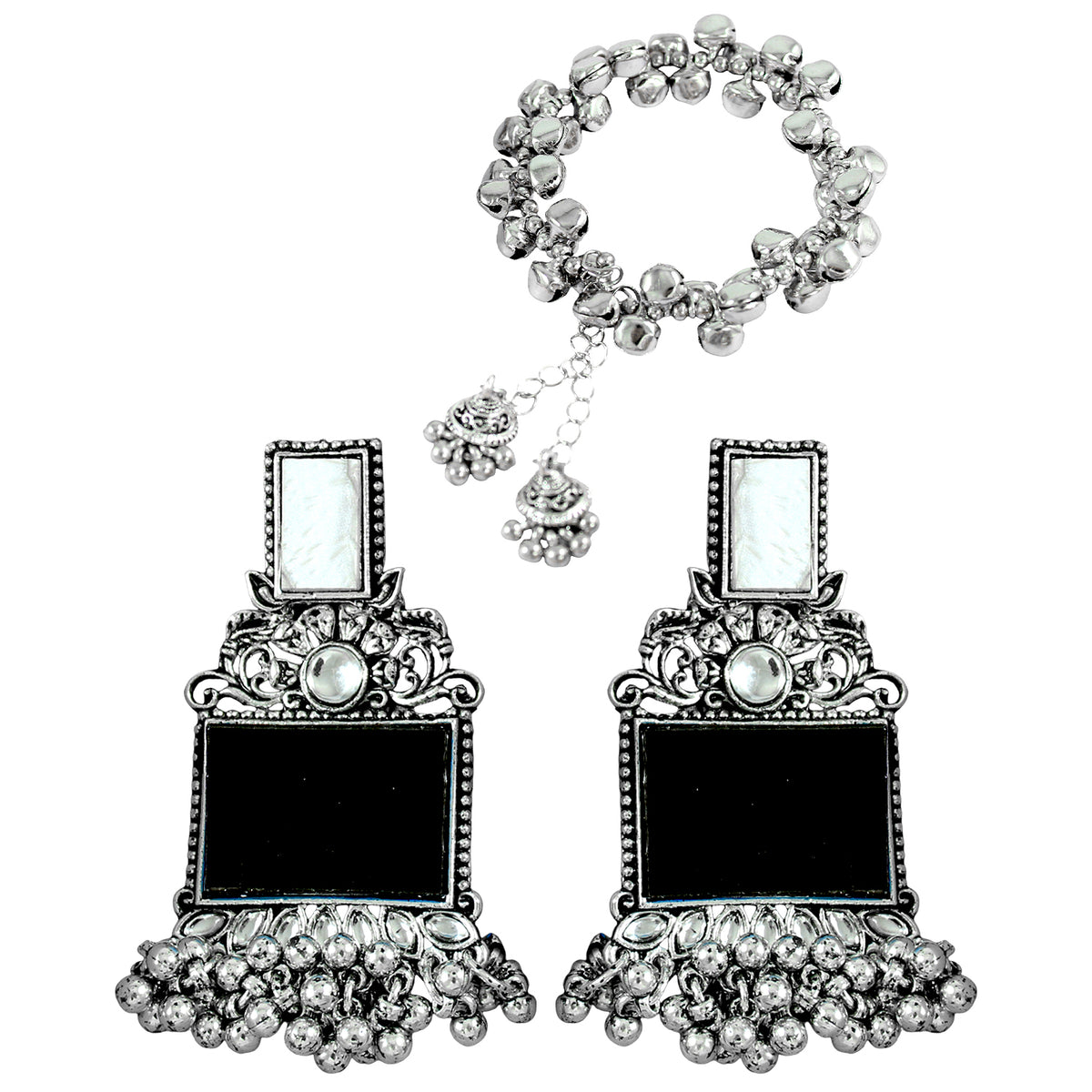 JFL - Jewellery for Less Navratri Special Combo of Oxidised Acrylic Mother of Pearl and Kundan Studded Statement Earrings with Ghungroo Bracelet for Women & Girls. (Black)