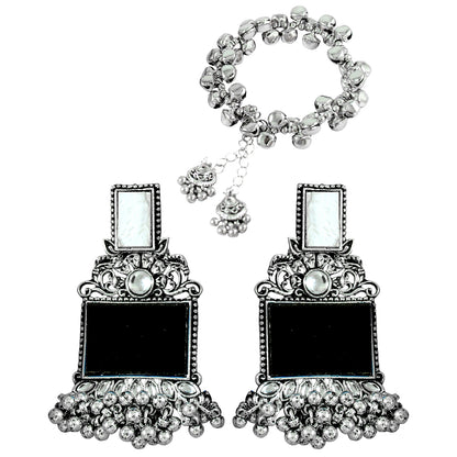 JFL - Jewellery for Less Navratri Special Combo of Oxidised Acrylic Mother of Pearl and Kundan Studded Statement Earrings with Ghungroo Bracelet for Women & Girls. (Black)
