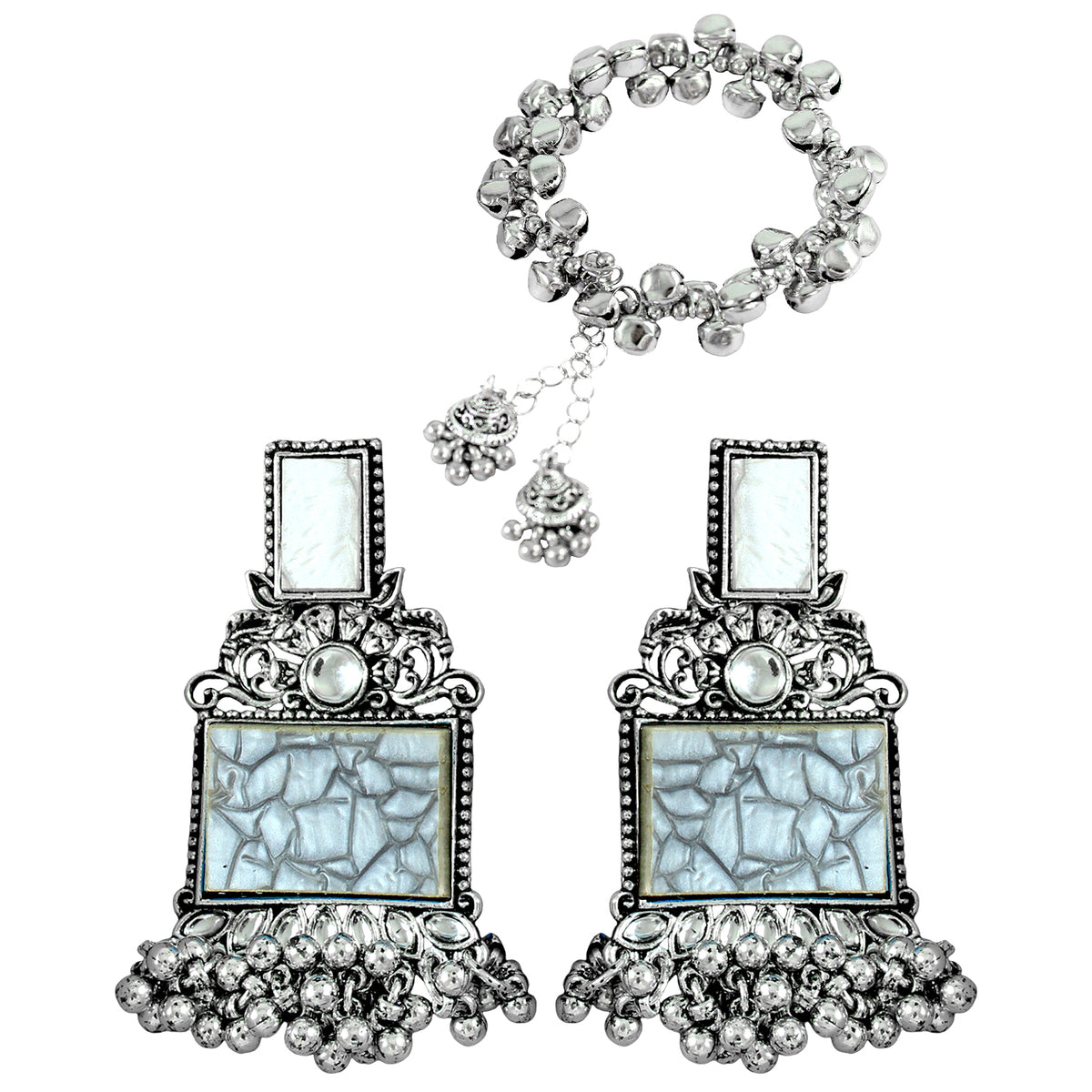 JFL - Jewellery for Less Navratri Special Combo of Oxidised Acrylic Mother of Pearl and Kundan Studded Statement Earrings with Ghungroo Bracelet for Women & Girls. (Grey)