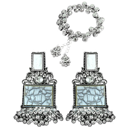 JFL - Jewellery for Less Navratri Special Combo of Oxidised Acrylic Mother of Pearl and Kundan Studded Statement Earrings with Ghungroo Bracelet for Women & Girls. (Grey)
