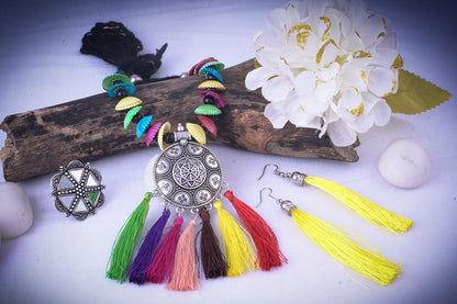 JFL - Jewellery for Less Combo Traditional Fancy Oxidised Silver Plated Multi Colour Tassel and Mussels Shell Necklace Set with Mirror Work Adjustable Finger Ring Women & Girls.(Navratri Special)