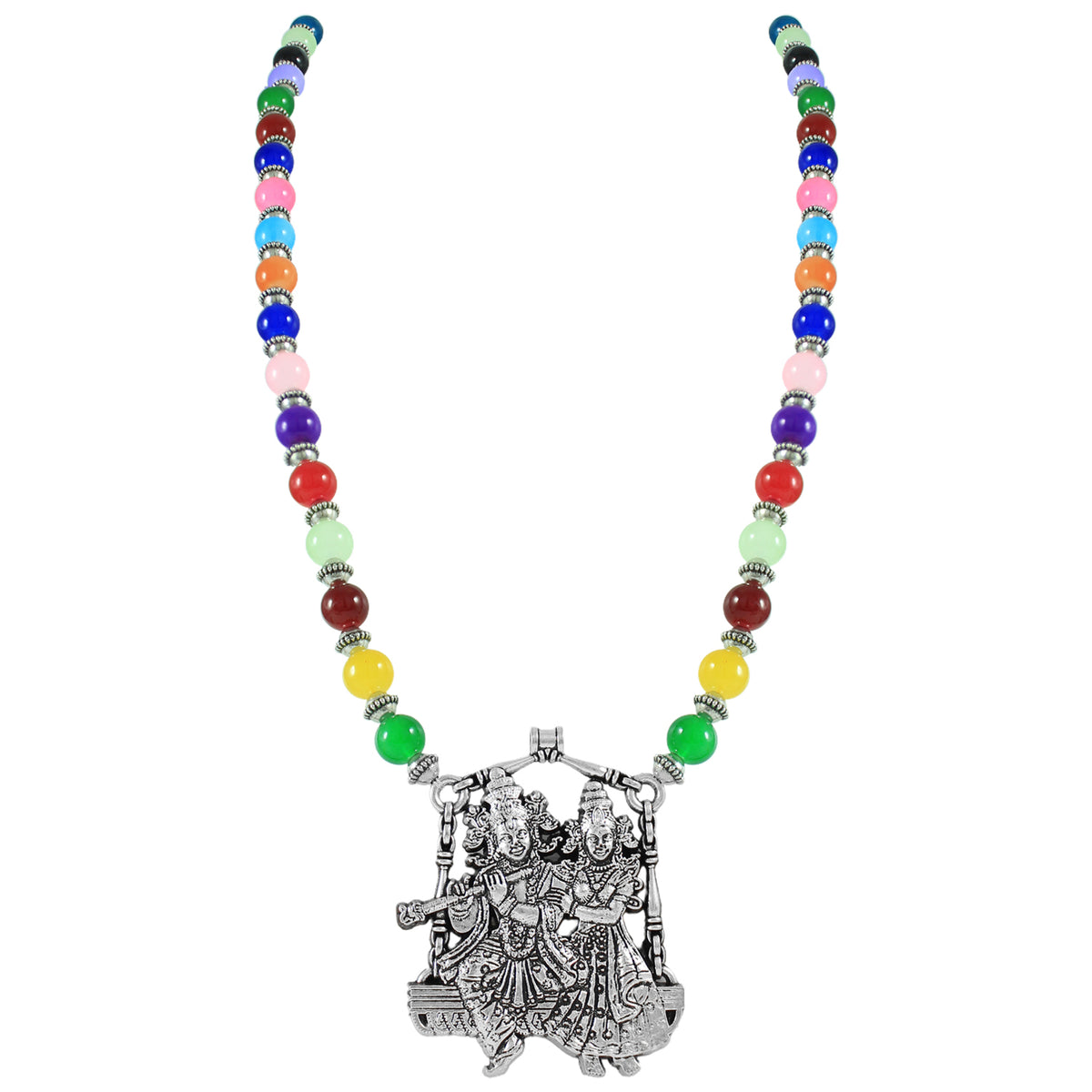 JFL – Jewellery for Less Multicolor Beaded Oxidised Silver Temple Jewelry Set for Women | Radha Krishna Pendant Necklace with Earrings & Bracelet | Ethnic Festive Navratri