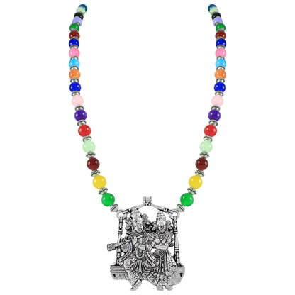 JFL – Jewellery for Less Multicolor Beaded Oxidised Silver Temple Jewelry Set for Women | Radha Krishna Pendant Necklace with Earrings & Bracelet | Ethnic Festive Navratri