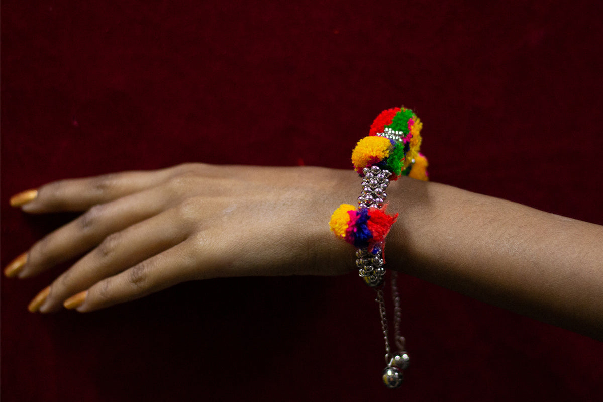 JFL - Jewellery for Less Stylish Multicolor Pom Pom Silver Plated Ghungroo Drop Adjustable Bracelet for Women and Girls.(Navratri Special) ,Valentine