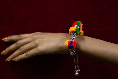 JFL - Jewellery for Less Stylish Multicolor Pom Pom Silver Plated Ghungroo Drop Adjustable Bracelet for Women and Girls.(Navratri Special) ,Valentine