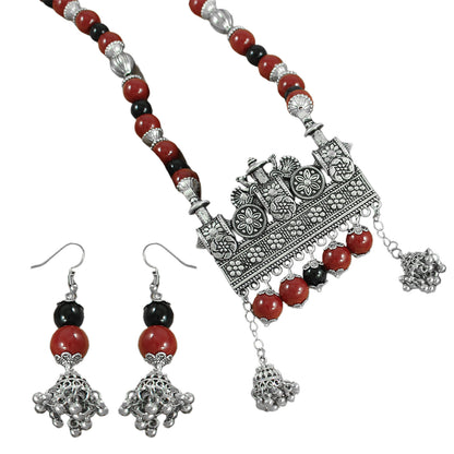 JFL-Jewellery for Less Maroon & Black Beaded Necklace Earrings Bracelet Set with Oxidised Silver Floral Temple Pendant & Jhumka Danglers – Jewellery for Women & Girls – Navratri, Garba