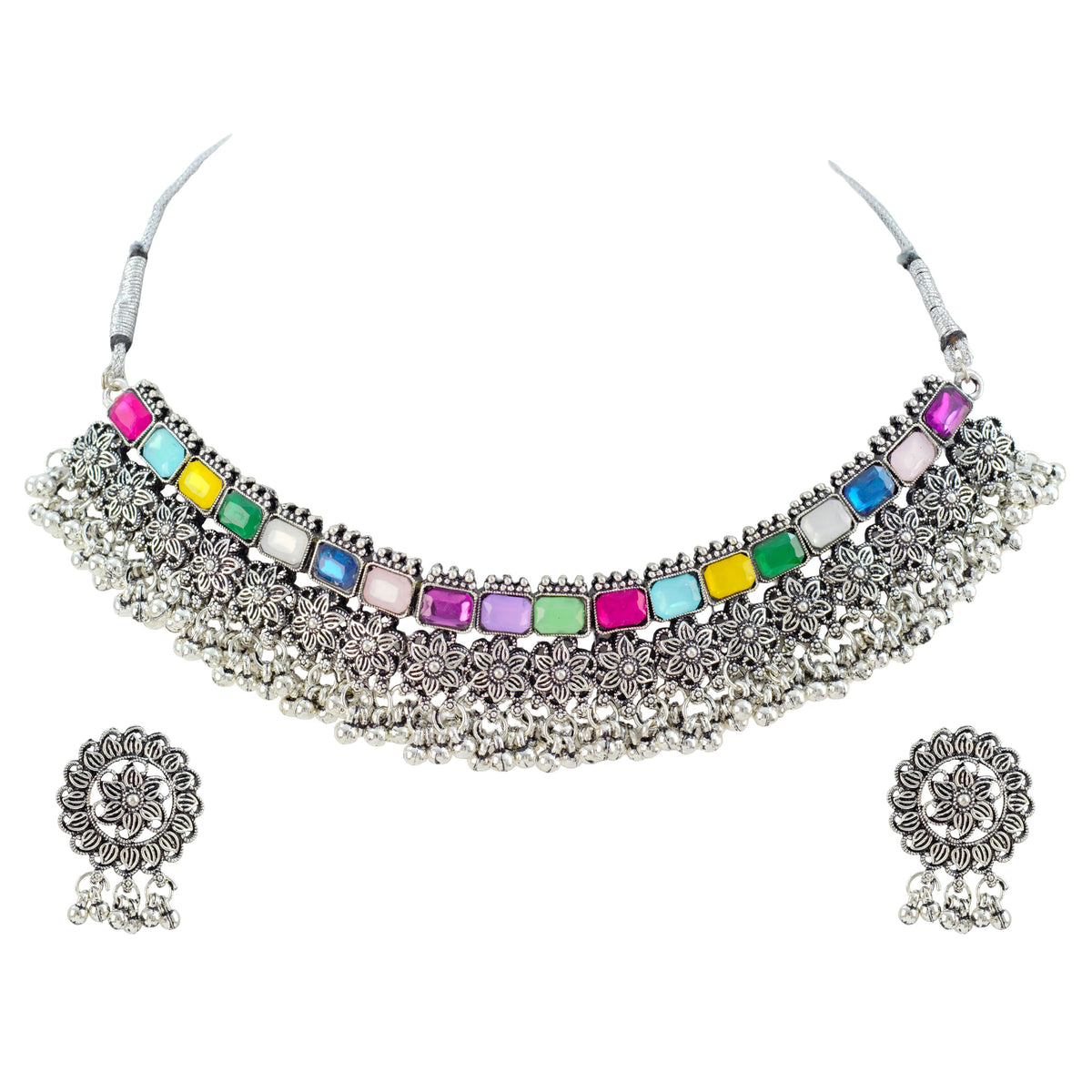 JFL - Jewellery for Less Oxidized German Silver Choker Necklace Set with Earrings and Bracelet – Heavy Floral Multicolor Stone Jewellery Set for Women & Girls, Traditional Bridal Ethnic Combo