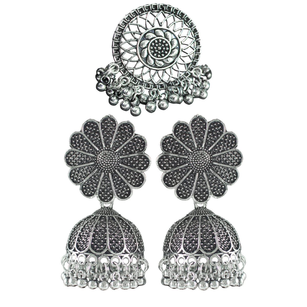 JFL - Jewellery for Less Oxidised Silver Earrings – Antique Finish with Floral & Circular Motifs, Engraved Detailing & Dangling Beads – Ethnic Jewellery for Women & Girls for Navratri, Garba