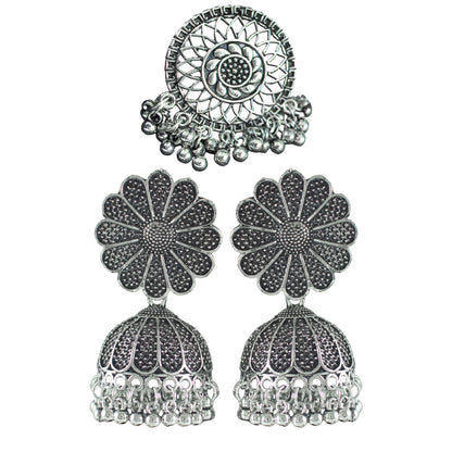 JFL - Jewellery for Less Oxidised Silver Earrings – Antique Finish with Floral & Circular Motifs, Engraved Detailing & Dangling Beads – Ethnic Jewellery for Women & Girls for Navratri, Garba