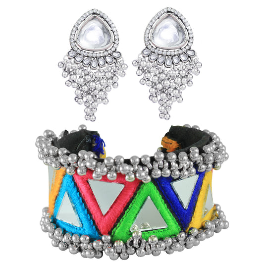 JFL - Jewellery for Less Thread Work Bracelet & Oxidised Earrings Combo – Multicolor Thread Kada with Small Ghunghru & Mirrow Work – Ethnic Jewellery Set for Navratri, Garba