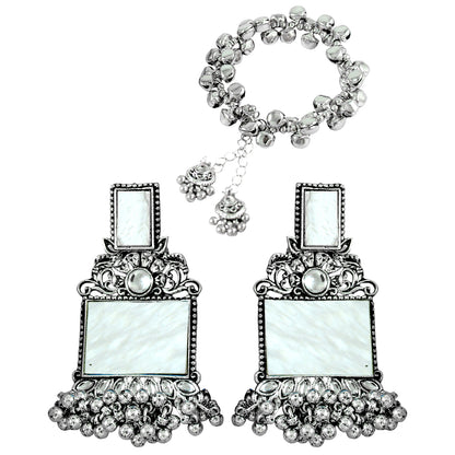 JFL - Jewellery for Less Navratri Special Combo of Oxidised Acrylic Mother of Pearl and Kundan Studded Statement Earrings with Ghungroo Bracelet for Women & Girls. (White)