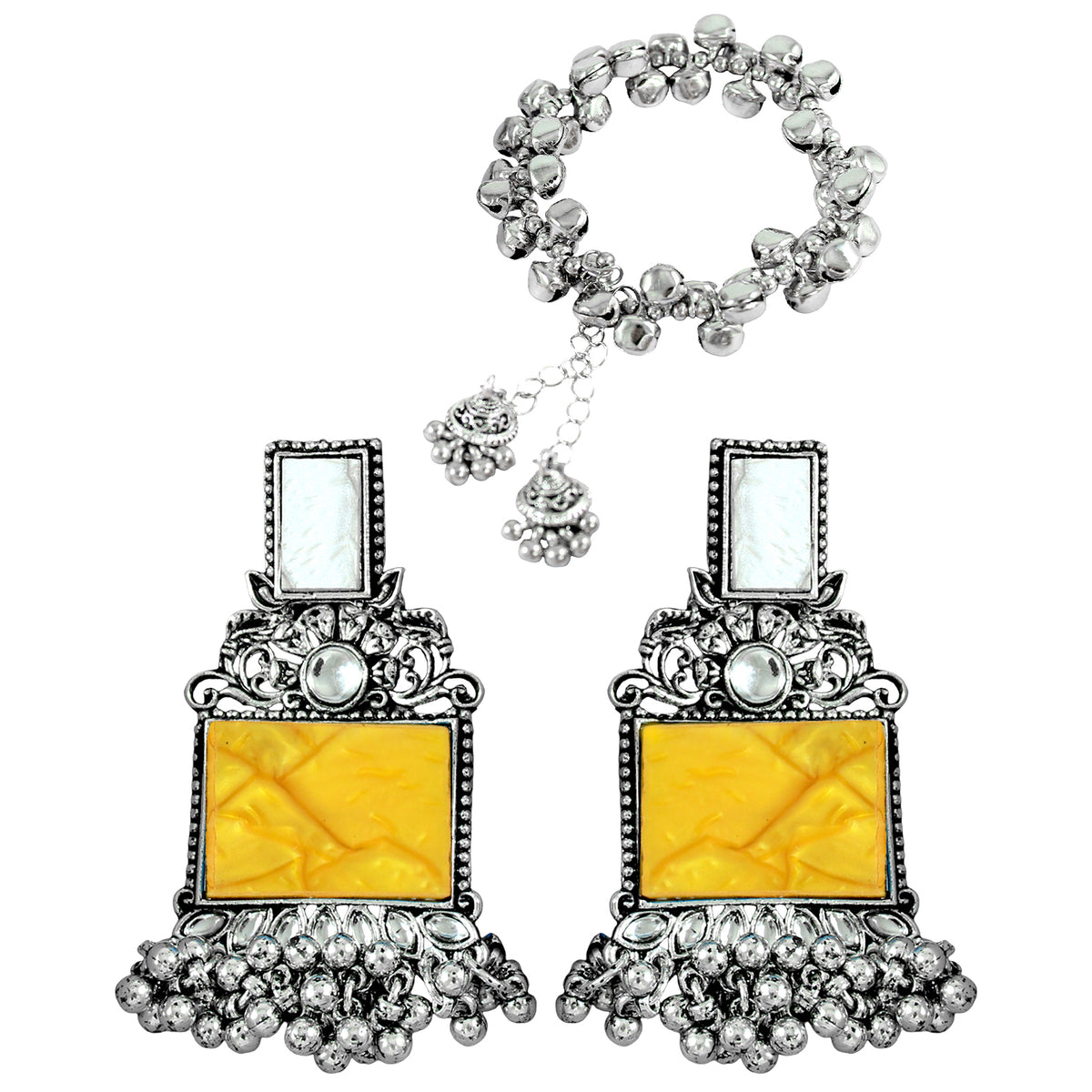 JFL - Jewellery for Less Navratri Special Combo of Oxidised Acrylic Mother of Pearl and Kundan Studded Statement Earrings with Ghungroo Bracelet for Women & Girls. (Yellow)
