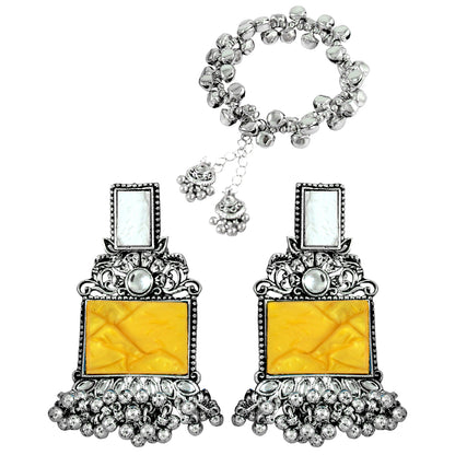 JFL - Jewellery for Less Navratri Special Combo of Oxidised Acrylic Mother of Pearl and Kundan Studded Statement Earrings with Ghungroo Bracelet for Women & Girls. (Yellow)