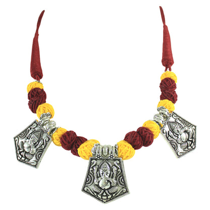 JFL‑Jewellery for Less Maroon & Yellow Cotton Thread Jewellery Set – Necklace, Earrings & Bracelet with Oxidised Silver Lord Ganesha Pendant– Jewellery for Women & Girls – Navratri,Garba