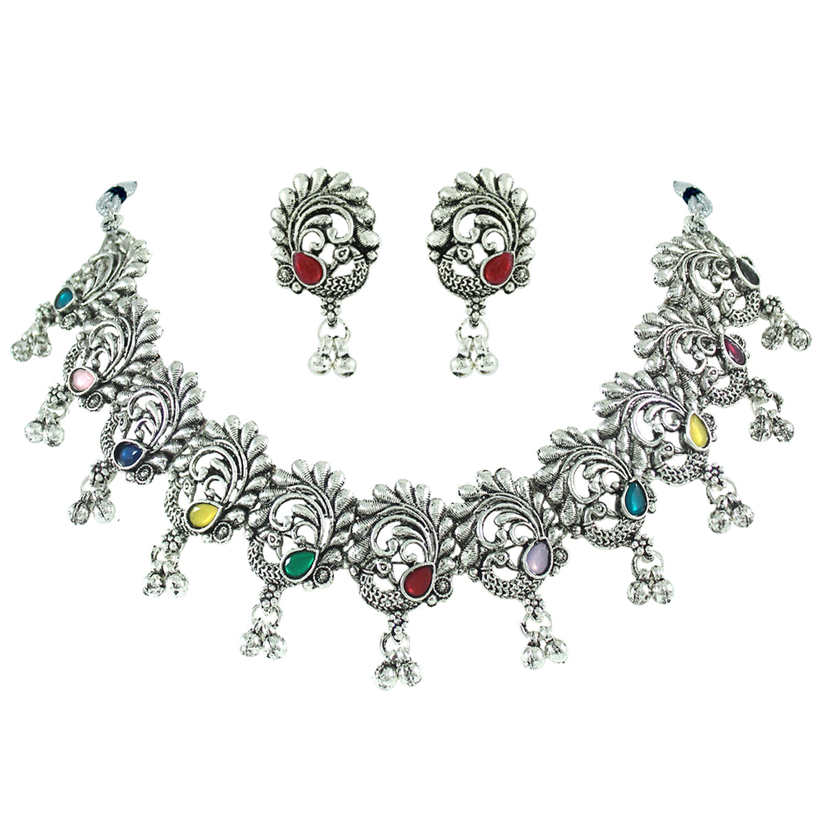 JFL - Jewellery for Less Traditional Oxidized Multicolor Stone Peacock Choker Necklace Set with Multicolor Beaded Bracelet for Women & Girls (Navratri Special)