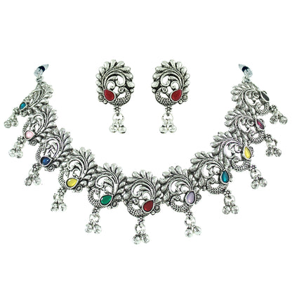 JFL - Jewellery for Less Traditional Oxidized Multicolor Stone Peacock Choker Necklace Set with Multicolor Beaded Bracelet for Women & Girls (Navratri Special)