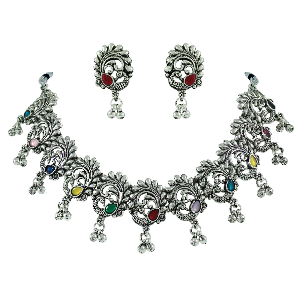 JFL - Jewellery for Less Traditional Oxidized Multicolor Stone Peacock Choker Necklace Set with Ghungroo Bracelet for Women & Girls (Navratri Special)