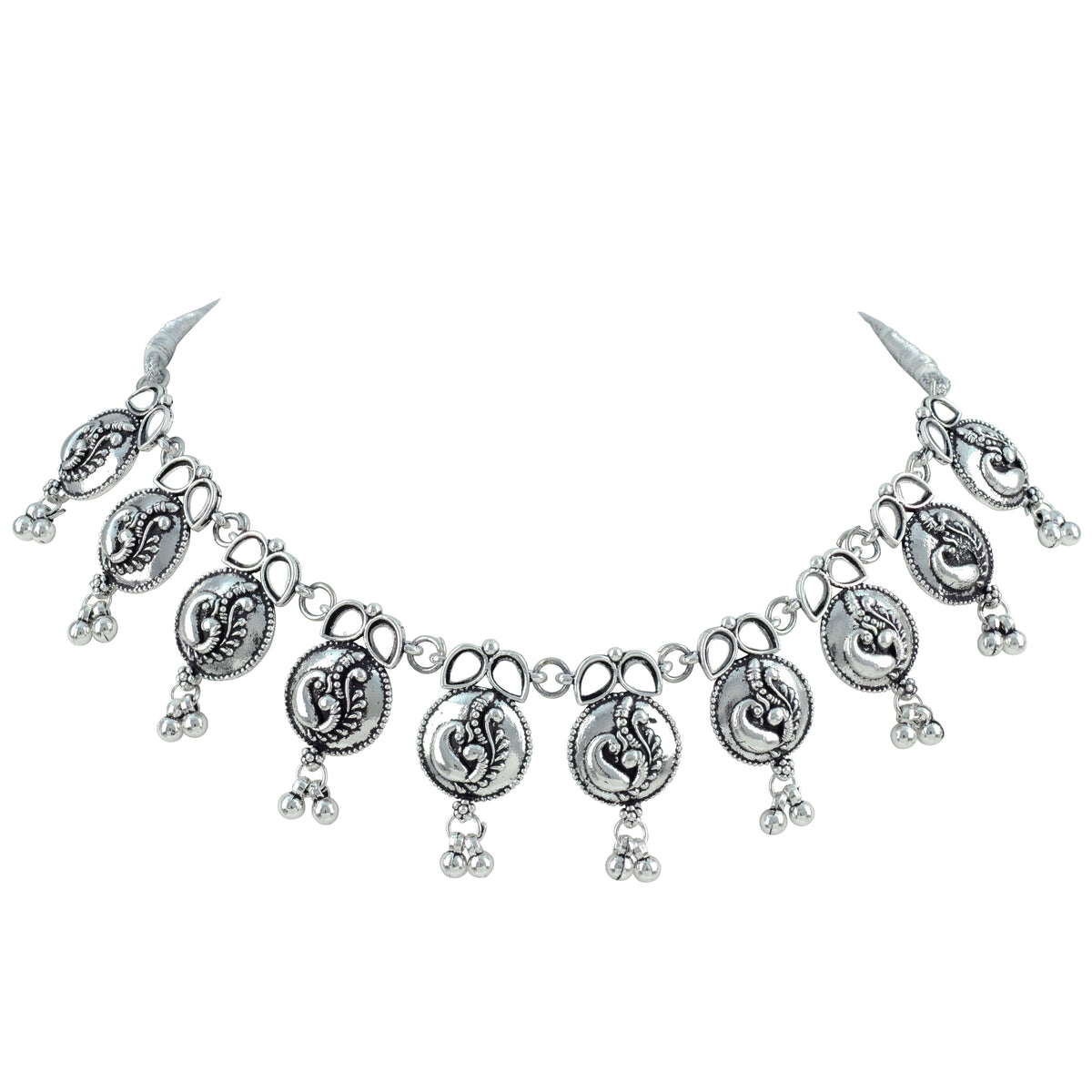 JFL - Jewellery for Less Oxidized German Silver Necklace and Bracelet Set with Mirror Stone Drops – Peacock Design Antique Silver Choker Jewellery Set for Women & Girls, Traditional Ethnic Wear