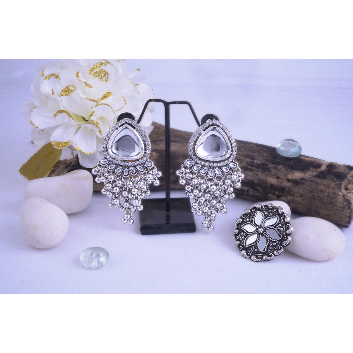 JFL - Jewellery for Less Combo Oxidised Silver Plated White Kundan & Ghungroo Drop Design Earring with Mirror Work Adjustable Finger Ring Women and Girls.(Navratri Special)