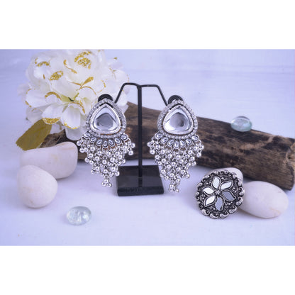 JFL - Jewellery for Less Combo Oxidised Silver Plated White Kundan & Ghungroo Drop Design Earring with Mirror Work Adjustable Finger Ring Women and Girls.(Navratri Special)