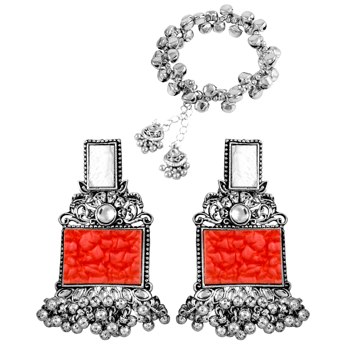 FL - Jewellery for Less Navratri Special Combo of Oxidised Acrylic Mother of Pearl and Kundan Studded Statement Earrings with Ghungroo Bracelet for Women & Girls. (Bold Red)