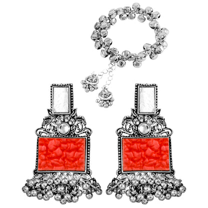 FL - Jewellery for Less Navratri Special Combo of Oxidised Acrylic Mother of Pearl and Kundan Studded Statement Earrings with Ghungroo Bracelet for Women & Girls. (Bold Red)
