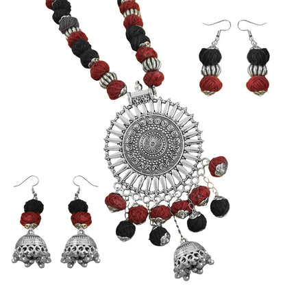 JFL-Jewellery for Less Maroon & Black Cotton Thread Necklace Set with Oxidised Silver Circular Pendant, Ghungroo Danglers & 2 Earring Pairs (Jhumka & Beaded) – Women & Girls, Navratri, Garba