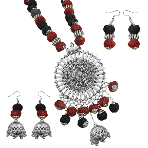 JFL-Jewellery for Less Maroon & Black Cotton Thread Necklace Set with Oxidised Silver Circular Pendant, Ghungroo Danglers & 2 Earring Pairs (Jhumka & Beaded) – Women & Girls, Navratri, Garba