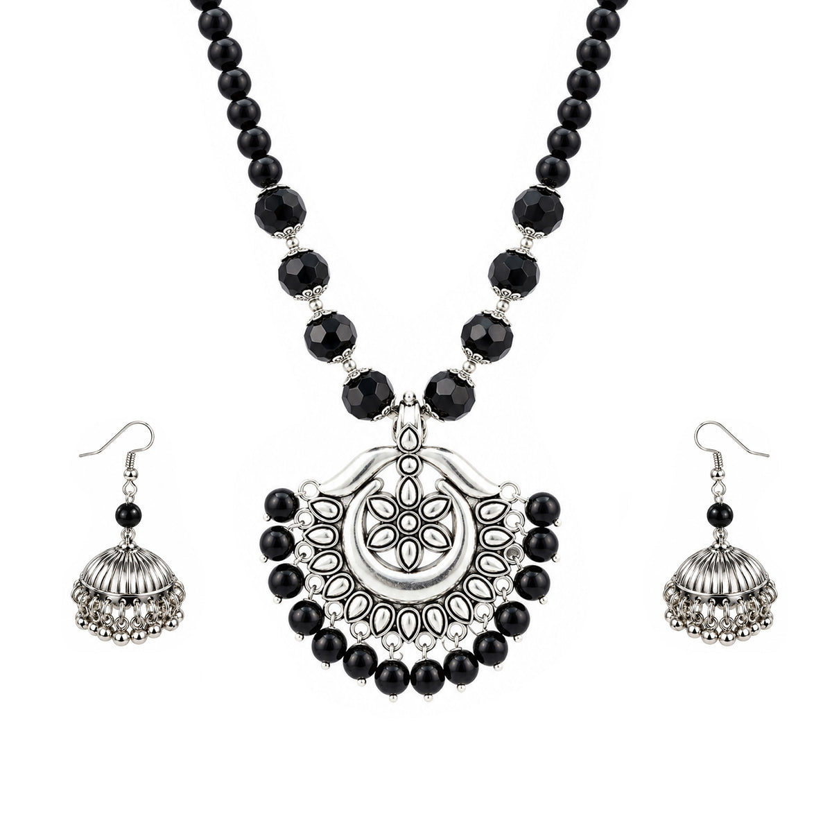 JFL - Jewellery for Less Oxidized German Silver Black Beads Pendant Necklace and Earrings with Bracelet Set for Women | Antique Silver Floral Design Jewellery Set | Navratri Special Traditional Jewellery