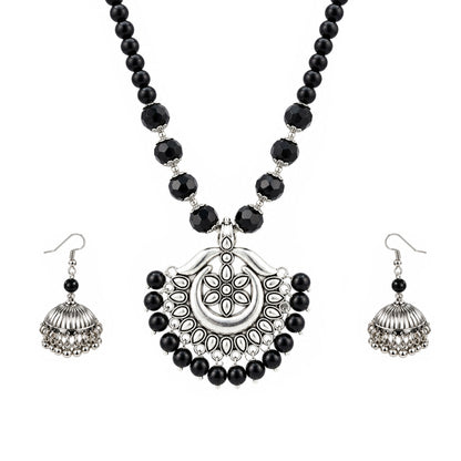 JFL - Jewellery for Less Oxidized German Silver Black Beads Pendant Necklace and Earrings with Bracelet Set for Women | Antique Silver Floral Design Jewellery Set | Navratri Special Traditional Jewellery