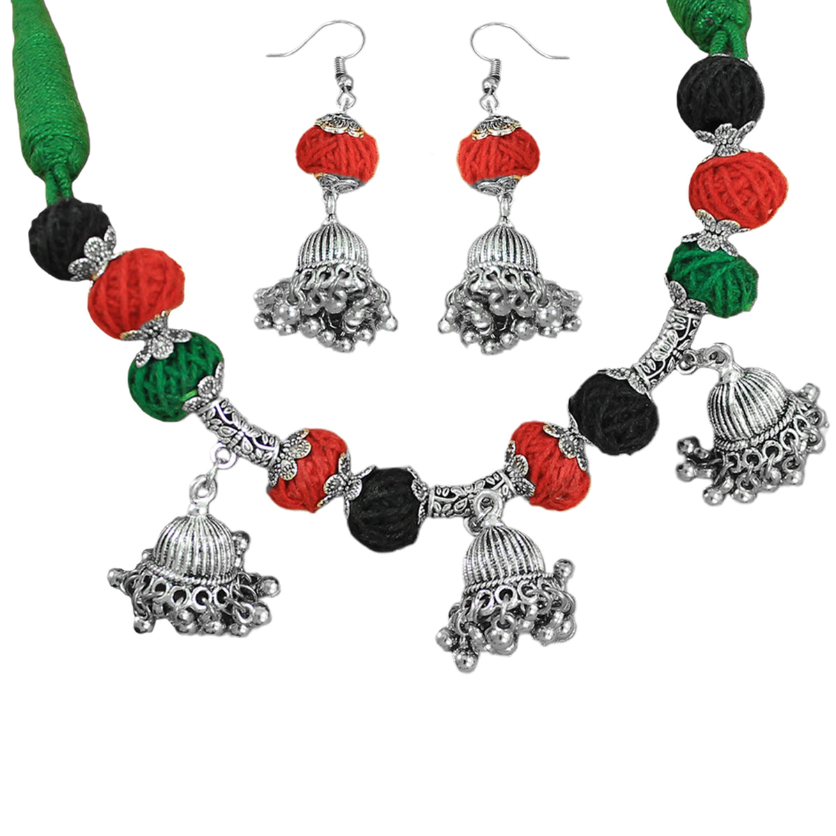 JFL-Jewellery for Less Red, Green & Black Cotton Thread Jewellery Set – Necklace, Earrings with Oxidised Silver Dome‑Shaped Jhumka Pendants & Bead Drops – Women & Girls – Navratri, Garba
