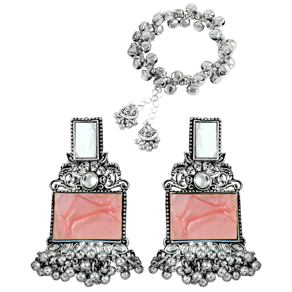 JFL - Jewellery for Less Navratri Special Combo of Oxidised Acrylic Mother of Pearl and Kundan Studded Statement Earrings with Ghungroo Bracelet for Women & Girls. (Peach)