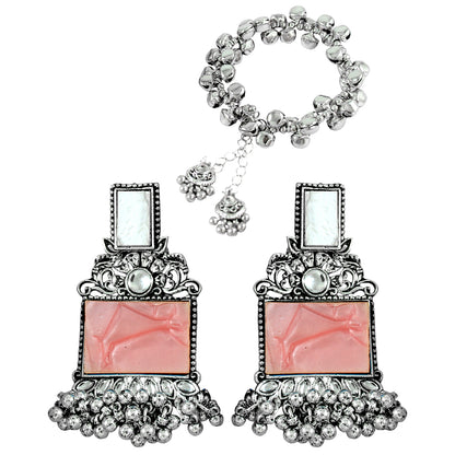JFL - Jewellery for Less Navratri Special Combo of Oxidised Acrylic Mother of Pearl and Kundan Studded Statement Earrings with Ghungroo Bracelet for Women & Girls. (Peach)