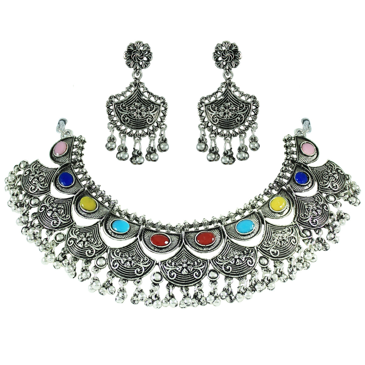 JFL - Jewellery for Less Navratri Special Oxidised Silver Plated Multicolor Stone Necklac Set for Women & Girls – Statement Necklace, Earrings, Maang Tikka & Multicolor Beaded Bracelet Combo